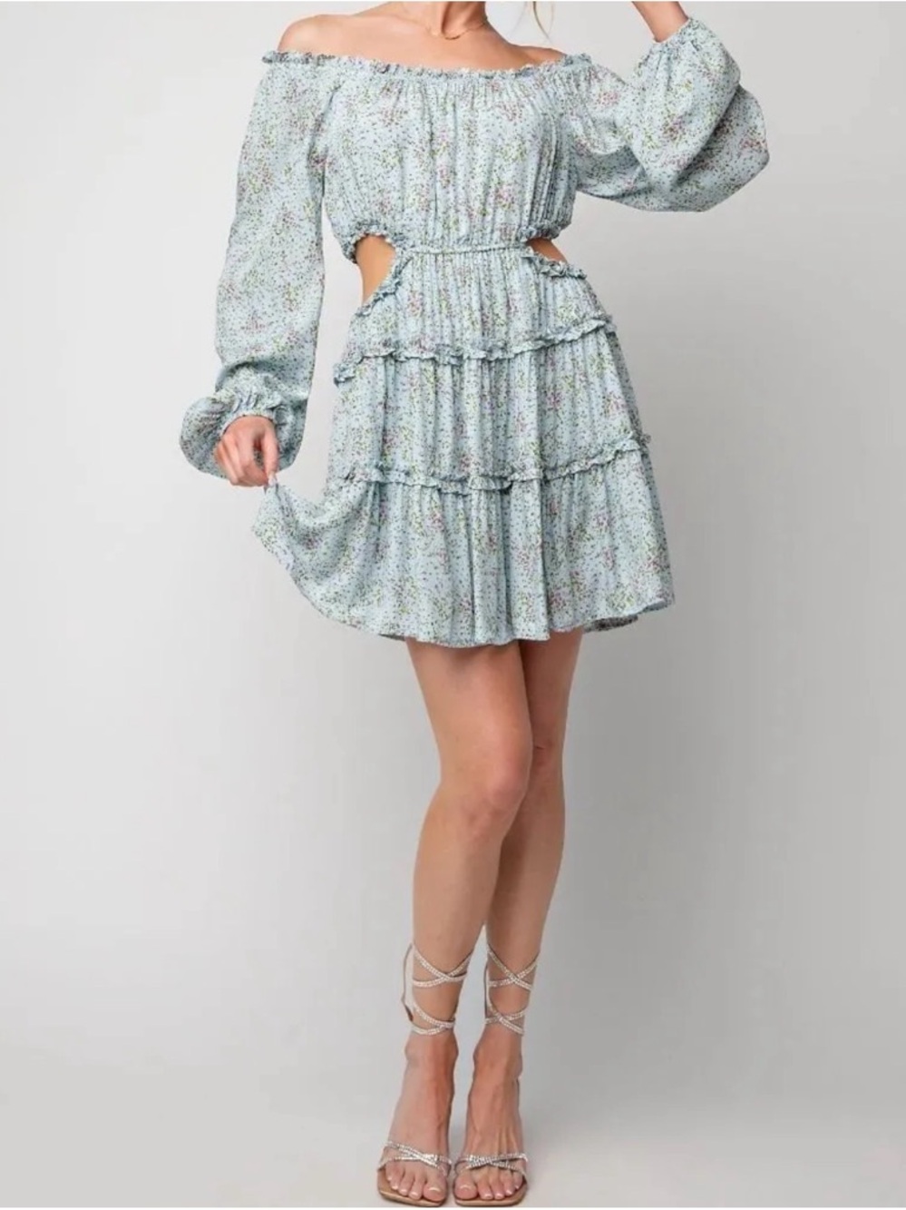 Off-Shoulder Light Floral Tiered Mini Dress in Pale Blue